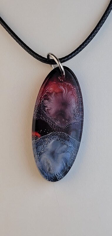 Handcrafted Black, Red, and White Oval Pendant Necklace or Keychain